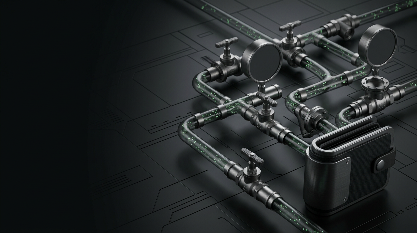 Abstract industrial pressure blueprint with valves and routes representing a tested withdrawal path
